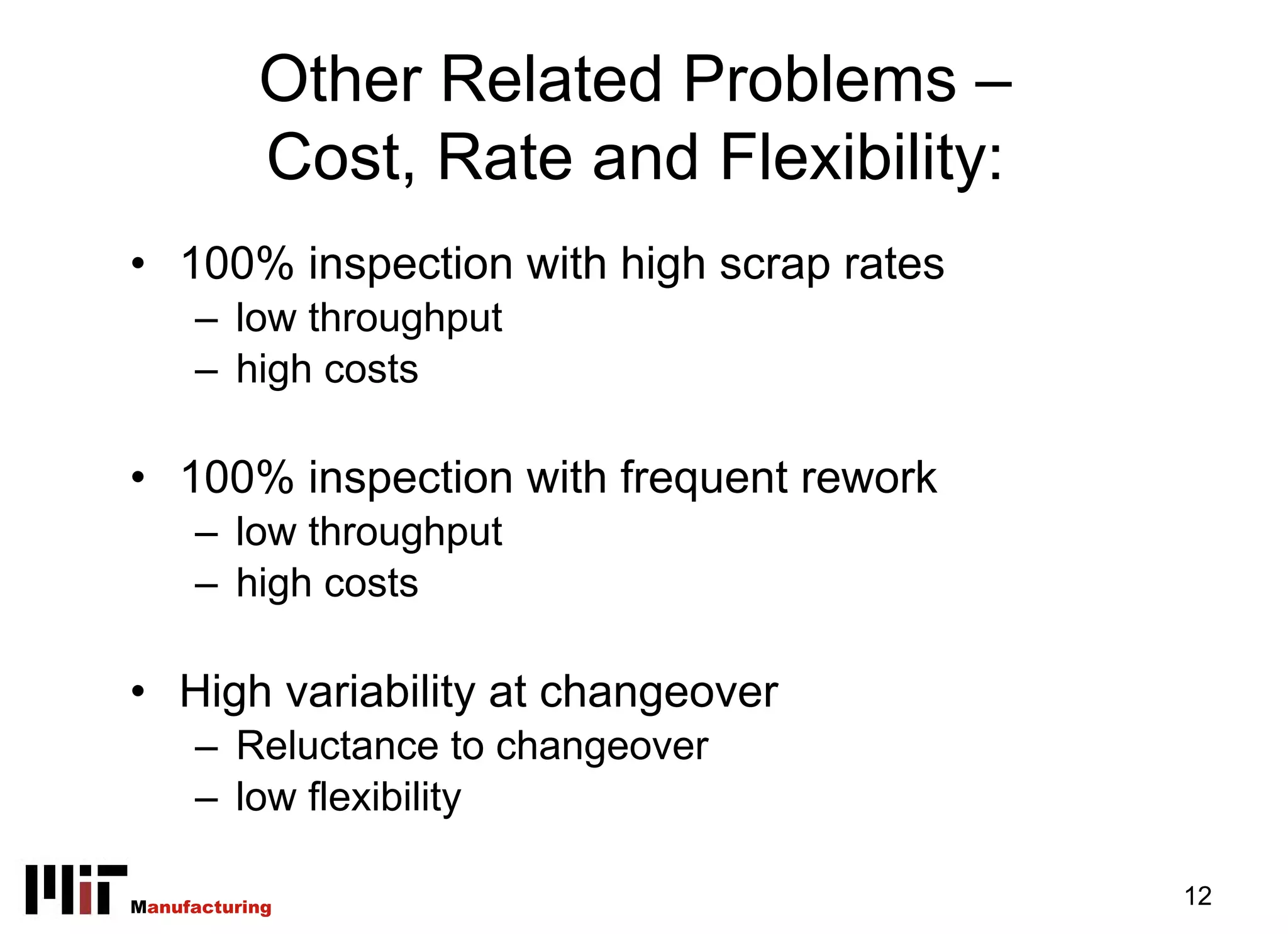 Other Related Problems –
           Cost, Rate and Flexibility:
• 100% inspection with high scrap rates
     – low throughput
     – high costs

• 100% inspection with frequent rework
     – low throughput
     – high costs

• High variability at changeover
     – Reluctance to changeover
     – low flexibility

Manufacturing                             12
 