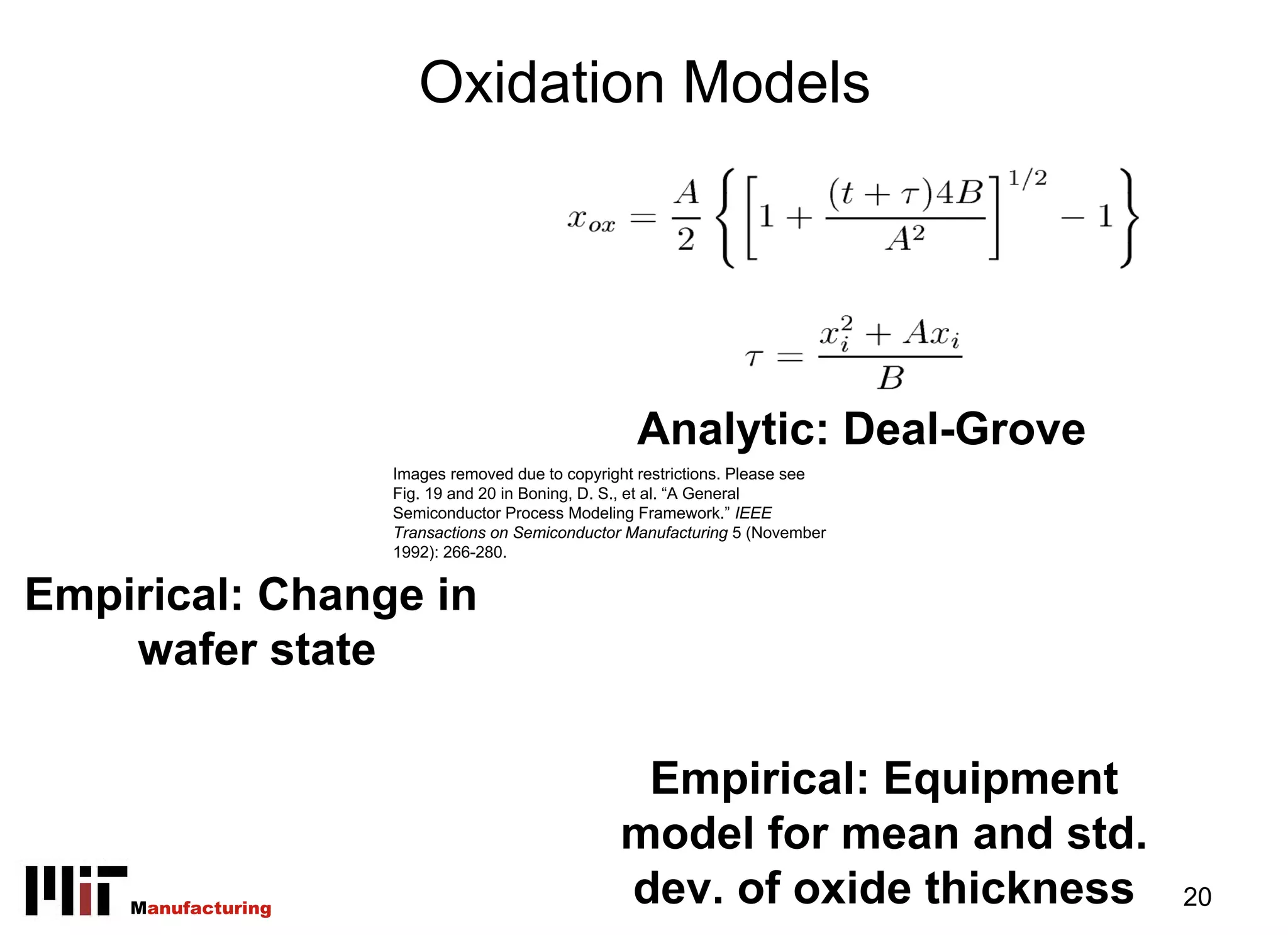 Oxidation Models




                                                   Analytic: Deal-Grove
                    Images removed due to copyright restrictions. Please see
                    Fig. 19 and 20 in Boning, D. S., et al. “A General
                    Semiconductor Process Modeling Framework.” IEEE
                    Transactions on Semiconductor Manufacturing 5 (November
                    1992): 266-280.


Empirical: Change in
    wafer state

                                                  Empirical: Equipment
                                                 model for mean and std.
    Manufacturing
                                                 dev. of oxide thickness       20
 