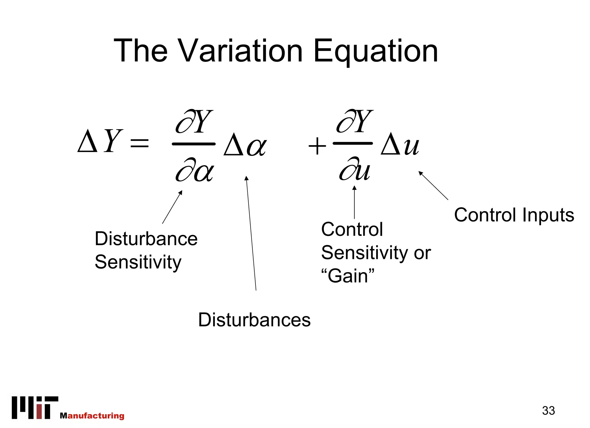 The Variation Equation

        ∂Y                   ∂Y
   ΔY =    Δα              +    Δu
        ∂α                   ∂u
                                                Control Inputs
      Disturbance              Control
      Sensitivity              Sensitivity or
                               “Gain”

                Disturbances



Manufacturing                                             33
 
