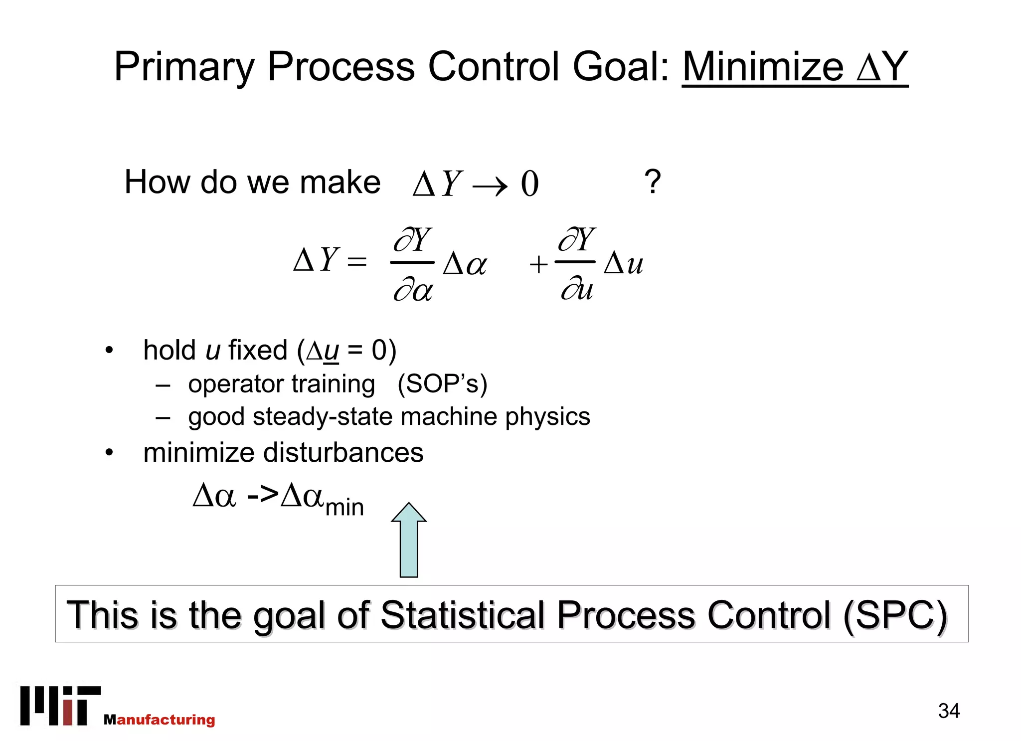 Primary Process Control Goal: Minimize ΔY

      How do we make ΔY → 0                   ?
                        ∂Y              ∂Y
                   ΔY =    Δα         +    Δu
                        ∂α              ∂u
  •   hold u fixed (Δu = 0)
        – operator training (SOP’s)
        – good steady-state machine physics
  •   minimize disturbances
            Δα ->Δαmin


This is the goal of Statistical Process Control (SPC)

  Manufacturing                                     34
 