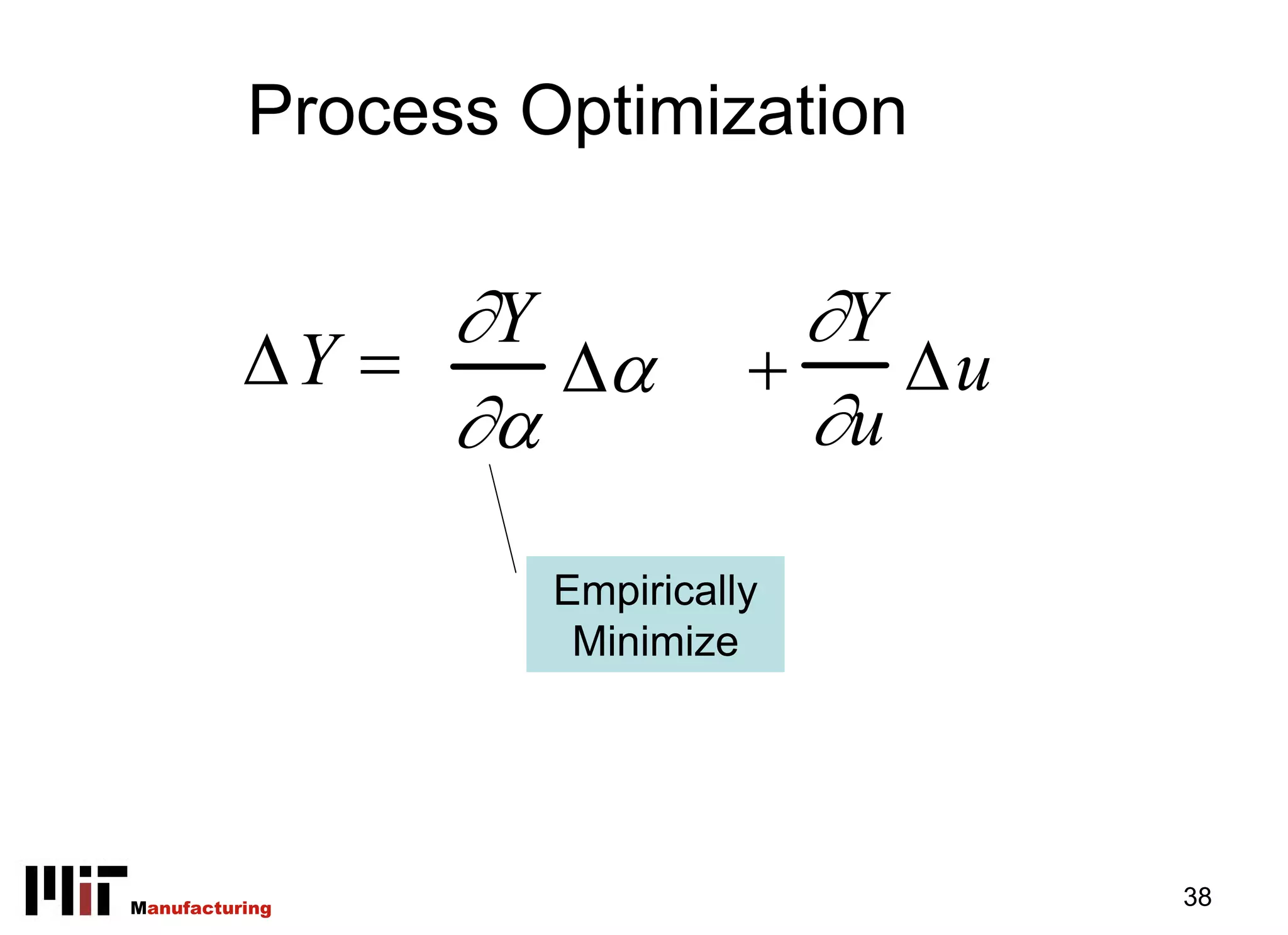 Process Optimization

               ∂Y              ∂Y
          ΔY =    Δα         +    Δu
               ∂α              ∂u

                   Empirically
                    Minimize




Manufacturing                          38
 