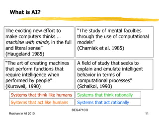 What is AI? The exciting new effort to make computers thinks …  machine with minds,  in the full and literal sense”  (Haugeland 1985) “ The art of creating machines that perform functions that require intelligence when performed by people” (Kurzweil, 1990) “ The study of mental faculties through the use of computational models”  (Charniak et al. 1985) A field of study that seeks to explain and emulate intelligent behavior in terms of computational processes” (Schalkol, 1990) Systems that think like humans Systems that think rationally Systems that act like humans Systems that act rationally 