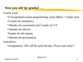How you will be graded .... Course work: 3 Assignments (some programming, some Q&A): 1 marks each 2 marks for attendance 10marks for assessment and 5 marks for UT 10marks for lab test 5marks for lab reports 10marks for presentation Late policy: Assignments: 20% off for each late day. Please start early!! 