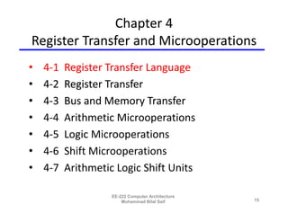 Chapter 4
Register Transfer and Microoperations
•   4-1   Register Transfer Language
•   4-2   Register Transfer
•   4-3   Bus and Memory Transfer
•   4-4   Arithmetic Microoperations
•   4-5   Logic Microoperations
•   4-6   Shift Microoperations
•   4-7   Arithmetic Logic Shift Units

                    EE-222 Computer Architecture
                        Muhammad Bilal Saif        15
 