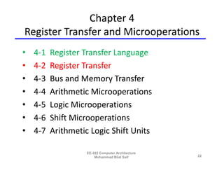 Chapter 4
Register Transfer and Microoperations
•   4-1   Register Transfer Language
•   4-2   Register Transfer
•   4-3   Bus and Memory Transfer
•   4-4   Arithmetic Microoperations
•   4-5   Logic Microoperations
•   4-6   Shift Microoperations
•   4-7   Arithmetic Logic Shift Units

                    EE-222 Computer Architecture
                        Muhammad Bilal Saif        22
 