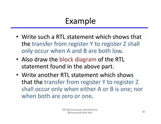 Example
• Write such a RTL statement which shows that
  the transfer from register Y to register Z shall
  only occur when A and B are both low.
• Also draw the block diagram of the RTL
  statement found in the above part.
• Write another RTL statement which shows
  that the transfer from register Y to register Z
  shall occur only when either A or B is one; nor
  when both are zero or one.
                  EE-222 Computer Architecture
                      Muhammad Bilal Saif        28
 