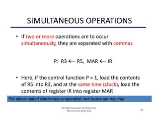 SIMULTANEOUS OPERATIONS
   • If two or more operations are to occur
     simultaneously, they are separated with commas


                        P: R3  R5,, MAR  IR

   • Here, if the control function P = 1, load the contents
     of R5 into R3, and at the same time (clock), load the
     contents of register IR into register MAR
For above stated simultaneous operation, two buses are required

                            EE-222 Computer Architecture
                                Muhammad Bilal Saif               29
 