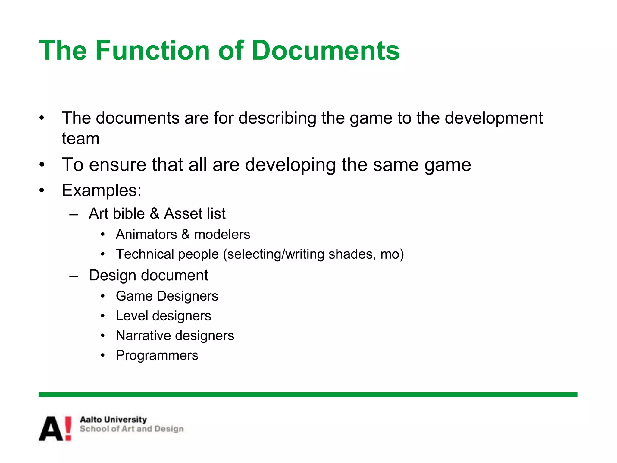 Design DocumentOverviewFocusGame MechanicsWhat the player(s) doInterface (controls, etc)the Player’s view to game (1st / 3rd person camera)Game ElementsComponentsAI / ProceduresThe important system features