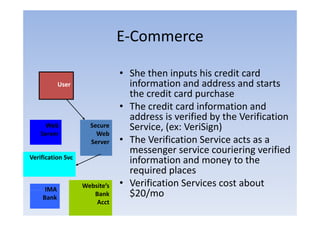 E‐Commerce
                               E Commerce

                               • She then inputs his credit card
           User                  information and address and starts
                                 the credit card purchase
                               • The credit card information and
                                 address is verified b the Verification
                                  dd      i     ifi d by h     ifi i
      Web            Secure      Service, (ex: VeriSign)
    Server             Web
                     Server    • The Verification Service acts as a
                                 messenger service couriering verified
Verification Svc
                                 information and money to the
                                                         y
                                 required places
     IMA
                   Website’s   • Verification Services cost about
    Bank
                      Bank       $20/mo
                                 $20/
                       Acct
 