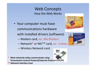 Web Concepts
                                     p
                            How the Web Works


      • Your computer must have
        communications hardware
        with installed drivers (software)
          – Modem card, ex: 56k Modem
          – Network* or NIC** card, ex: Linksys
          – Wireless Network card

*   Most networks today communicate using 
* M t t         k t d             i t    i
    Transmission Control Protocol/Internet Protocol (TCP/IP)
** Network Interface Card
 