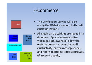 E‐Commerce
                               E Commerce

                               • The Verification Service will also
           User
                                 notify the Website owner of all credit
                                 card transactions
                               • All credit card activities are saved i a
                                        di     d i ii               d in
      Web            Secure
    Server             Web
                                 database. Special administrative
                     Server      webpages (
                                     b       (passworded) allow the
                                                       d d) ll      h
Verification Svc                 website owner to reconcile credit
                                 card activity, perform charge‐backs,
                                     d i i           f     h      b k
                   Website’s
                                 and notify additional email addresses
     IMA
    Bank
                      Bank       of account activity
                                  f              i i
                       Acct
 