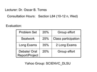 Lecturer: Dr. Oscar B. Torres Consultation Hours:  Section L84 (10-12 n, Wed) Evaluation: Yahoo Group: SCIENVC_DLSU Group effort 20% Problem Set Class participation 25% Seatwork Group effort 20% Debate/ Oral Report/Project 2 Long Exams 35% Long Exams 