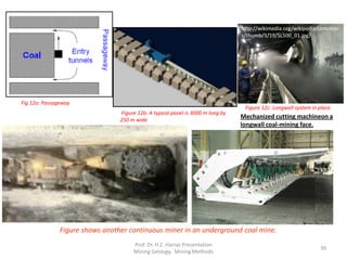 Figure shows another continuous miner in an underground coal mine.
Fig 12a: Passageway
Figure 12b: A typical panel is 3000 m long by
250 m wide
Mechanized cutting machineon a
longwall coal-mining face.
Figure 12c: Longwall system in place.
http://wikimedia.org/wikipedia/common
s/thumb/1/19/SL500_01.jpg/
Prof. Dr. H.Z. Harraz Presentation
Mining Methods
39
 