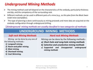  The mining method used will depend on the characteristics of the orebody, particularly thickness
and dip, and the competency of the surrounding rock.
 Different methods can be used in different parts of a mine (e.g., as this plan from the Black Swan
nickel mine exemplifies).
 This type of planning is done continuously as mining proceeds and more data are acquired on the
orebody configuration through underground drilling.
Underground Mining Methods
UNDERGROUND MINING METHODS
Soft rock Mining Methods Hard rock Mining Methods
Mining can be done by any one of
the following methods:-
1) Longwall mining.
2) Room-and-pillar mining.
3) Blast mining.
4) Shortwall mining.
5) Coal Skimming.
Mining can be done by the following methods:-
a) Short-hole and Long-hole mining methods
b) Selective and unselective mining methods
c) Supported and Unsupported underground
mining methods
Underground mining methods are usually classified in two categories of methods:
Prof. Dr. H.Z. Harraz Presentation
Mining Methods
4
 