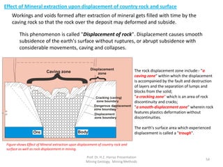Figure shows Effect of Mineral extraction upon displacement of country rock and
surface as well as rock displacement in mining.
The rock displacement zone include:- "a
caving zone" within which the displacement
is accompanied by the fault and destruction
of layers and the separation of lumps and
blocks from the solid;
"a cracking zone" which is an area of rock
discontinuity and cracks;
"a smooth-displacement zone" wherein rock
features plastics deformation without
discontinuities.
The earth's surface area which experienced
displacement is called a "trough".
Effect of Mineral extraction upon displacement of country rock and surface
This phenomenon is called "Displacement of rock". Displacement causes smooth
subsidence of the earth's surface without ruptures, or abrupt subsidence with
considerable movements, caving and collapses.
Workings and voids formed after extraction of mineral gets filled with time by the
caving rock so that the rock over the deposit may deformed and subside.
Prof. Dr. H.Z. Harraz Presentation
Mining Methods
54
 