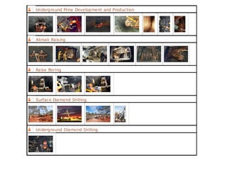 Underground Mine Development and Production
Alimak Raising
Raise Boring
Surface Diamond Drilling
Underground Diamond Drilling
Prof. Dr. H.Z. Harraz Presentation
Mining Methods
60
 