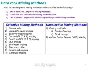a) Short-hole and Long-hole mining methods;
b) Selective and unselective mining methods; and
c) Unsupported , supported and caving underground mining methods
Hard rock underground mining methods can be classified as the following:-
Hard rock Mining Methods
Selective Mining Methods Unselective Mining Methods
1) Narrow vein
2) Long-hole Open stoping
3) Sublevel Open stoping
4) Cut and Fill (C & F) stoping
5) Bench and Fill (B & F) stoping
6) Stull stoping
7) Shrinkage stoping
8) Room and pillar
9) Square-set stoping
10) Longwall stoping
1) Caving methods
i) Sublevel caving.
ii) Block caving
2) Vertical Crater Retreat (VCR) stoping
Prof. Dr. H.Z. Harraz Presentation
Mining Methods
7
 
