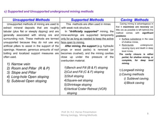 Unsupported Methods Supported Methods Caving Methods
Unsupported methods of mining are used to
extract mineral deposits that are roughly
tabular (plus flat or steeply dipping) and are
generally associated with strong ore and
surrounding rock. These methods are termed
unsupported because they do not use any
artificial pillars to assist in the support of the
openings. However, generous amounts of roof
bolting and localized support measures are
often used.
1) Narrow vein
2) Room and Pillar (R & P)
3) Stope and Pillar
4) Long-hole Open stoping
5) Sublevel Open stoping
This methods are often used in mines
with weak rock structure.
In “Artificially supported” mining, the
mine-workings are supported temporarily
only for as long as needed to keep the active
face open to mining.
After mining, the support (e.g. hydraulic
props or wood packs) is removed (or
becomes crushed), and the mining cavities
close up under the pressure of the
overburden material.
1)Bench and Fill (B & F) stoping
2)Cut and Fill (C & F) stoping
3)Stull stoping
4)Square-set stoping
5)Shrinkage stoping
6)Vertical Crater Retreat (VCR)
stoping
Caving mining is advantageous in
that it maximizes ore recovery (as
little ore as possible is left behind) the
method comes with significant
problems:
 Surface subsidence in the case
of shallow mines.
 Rock-bursts underground,
causing injury and death in deep
level mines.
The cavity closure is either
partial, for shallow mining, or
complete, for deep level
mining.
1) Longwall mining
2) Caving methods
i) Sublevel caving.
ii)Block caving
c) Supported and Unsupported underground mining methods
Prof. Dr. H.Z. Harraz Presentation
Mining Methods
8
 