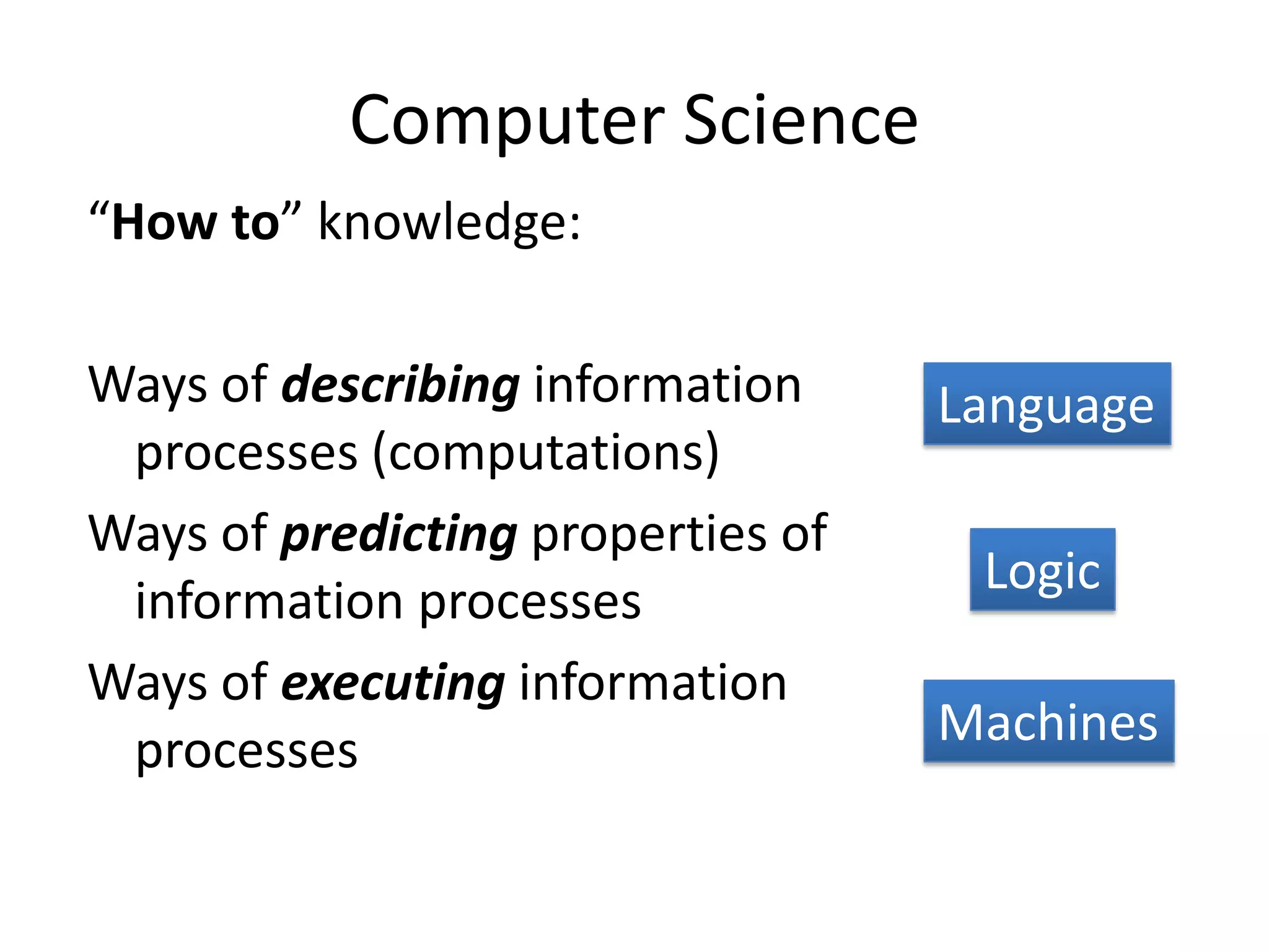 Computer Science
“How to” knowledge:

Ways of describing information     Language
 processes (computations)
Ways of predicting properties of
                                    Logic
 information processes
Ways of executing information
 processes                         Machines
 