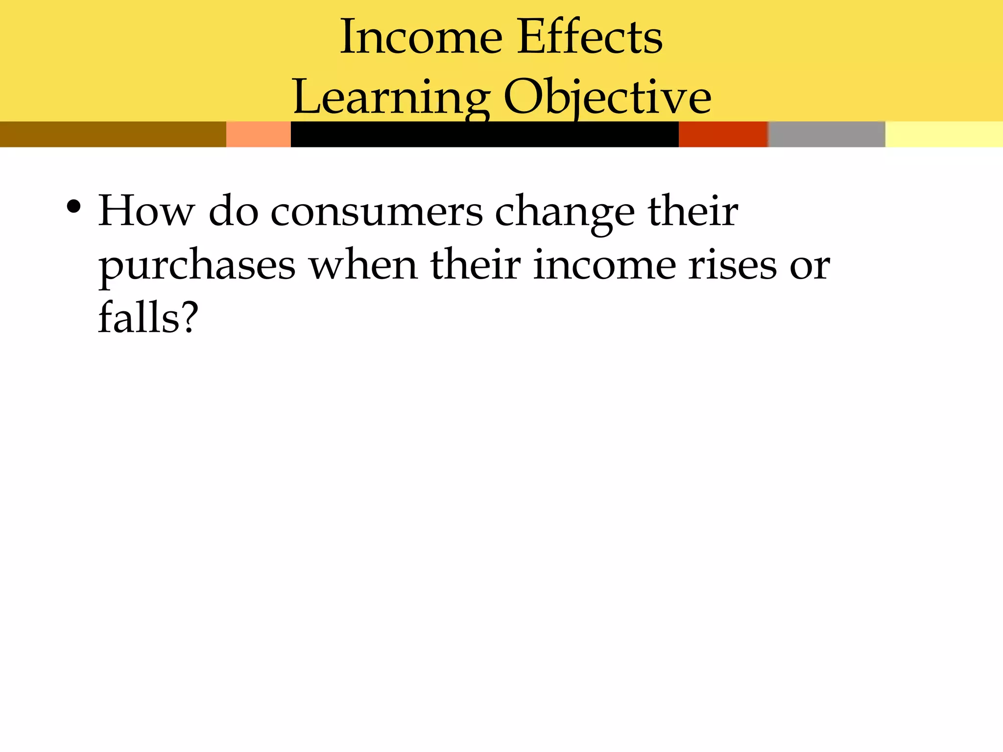 Income Effects
           Learning Objective

• How do consumers change their
  purchases when their income rises or
  falls?
 