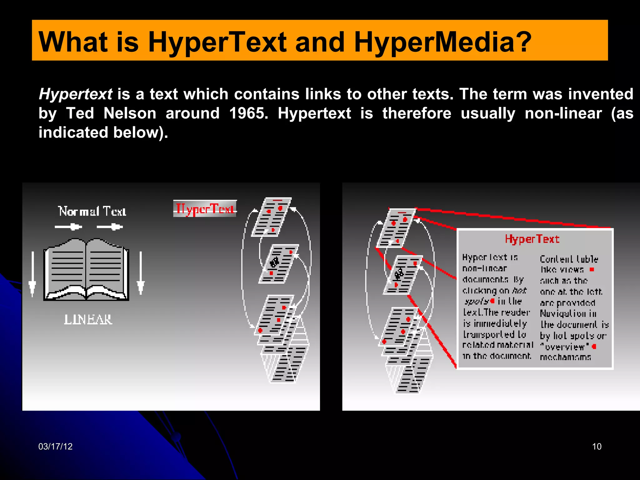 What is HyperText and HyperMedia?
Hypertext is a text which contains links to other texts. The term was invented
by Ted Nelson around 1965. Hypertext is therefore usually non-linear (as
indicated below).




03/17/12                                                                10
 