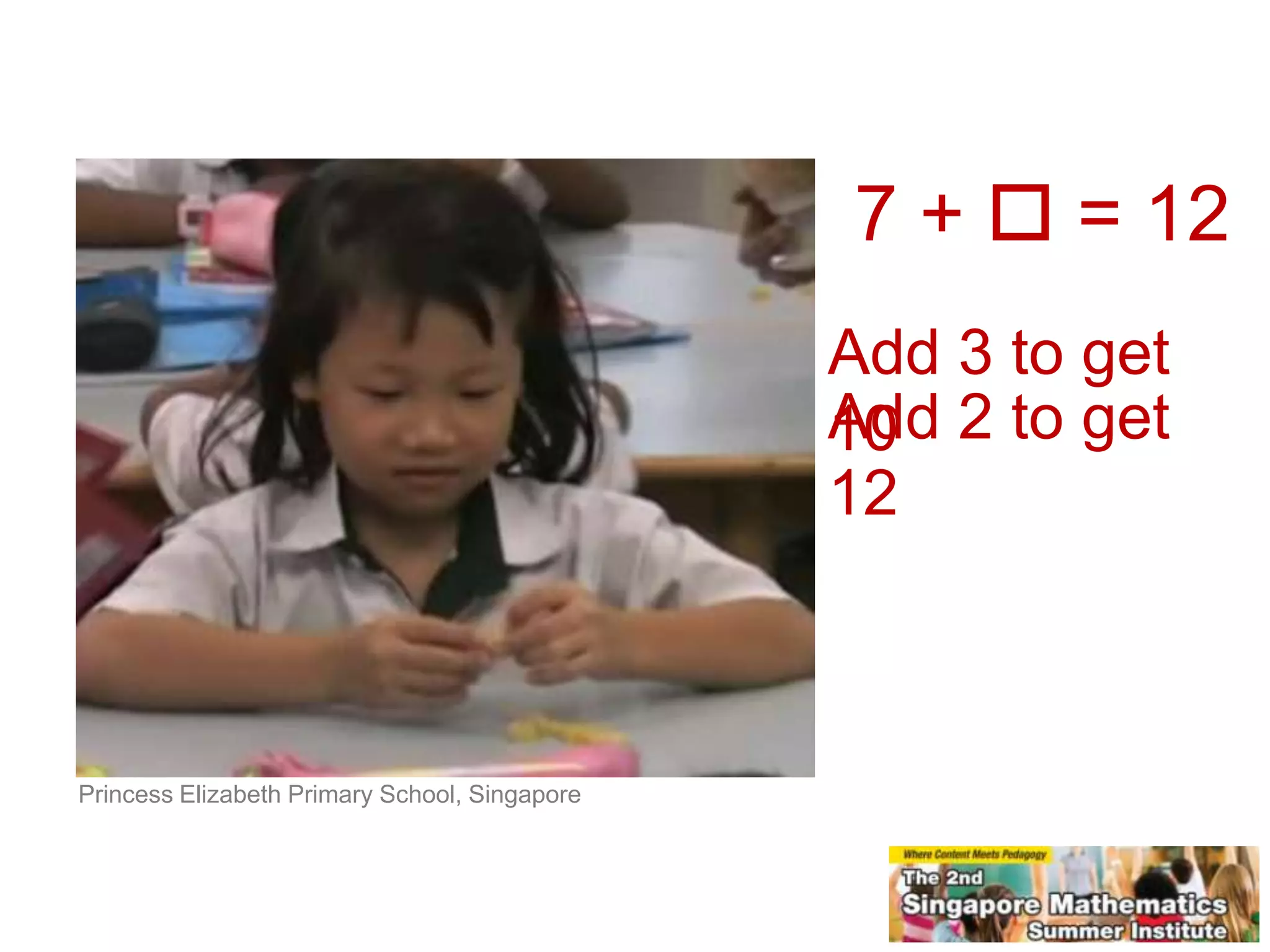7 + = 12
Add 3 to get
Add 2 to get
10
12
Princess Elizabeth Primary School, Singapore