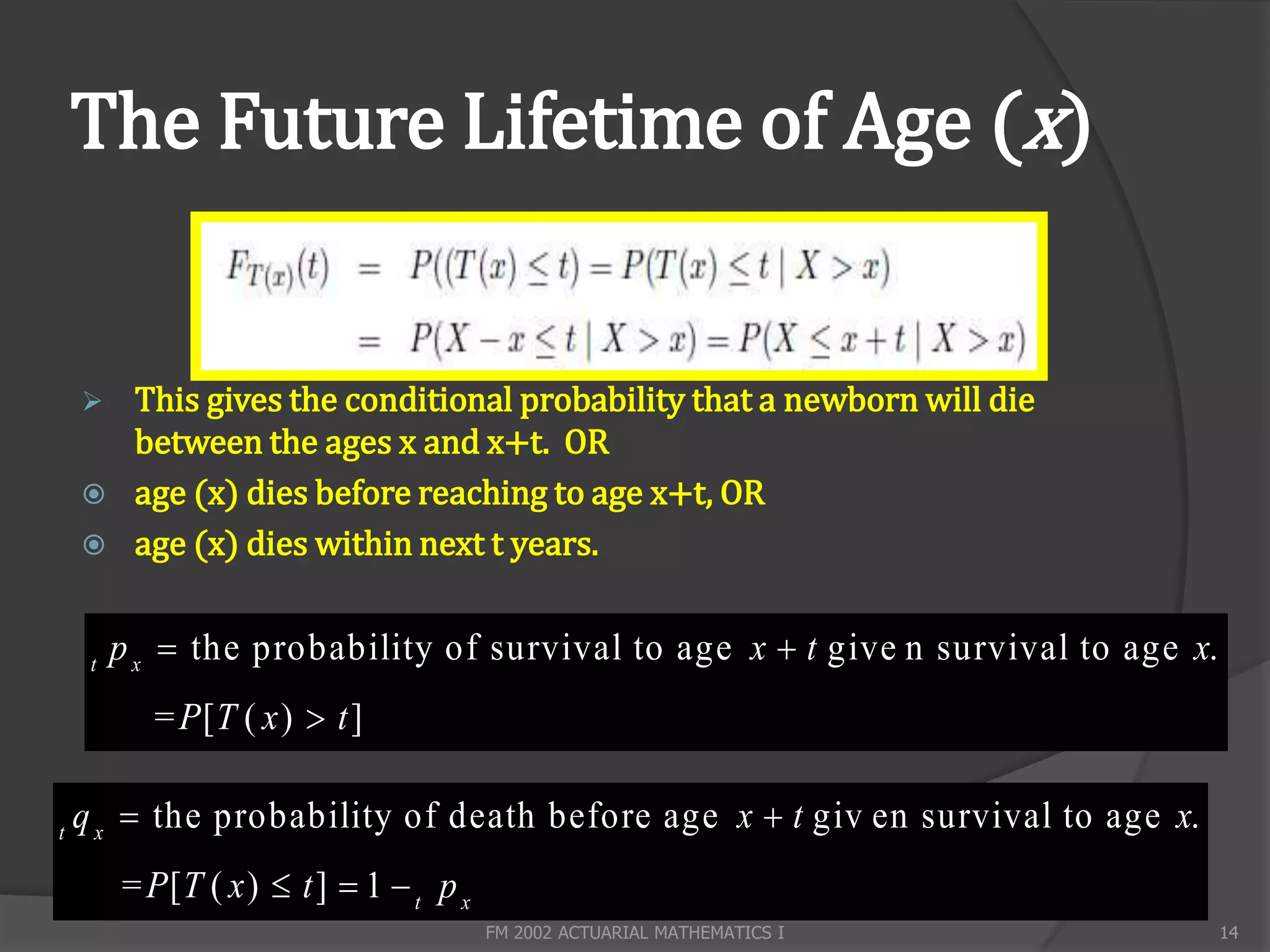 The Future Lifetime of Age (x)


         This gives the conditional probability that a newborn will die
          between the ages x and x+t. OR
         age (x) dies before reaching to age x+t, OR
         age (x) dies within next t years.


     t
         p x  the probability of survival to age x  t give n survival to age x.
           = P[T ( x )  t ]

t
    q x  the probability of death before age x  t giv en survival to age x.
         = P[T ( x )  t ]  1  t p x
                                         FM 2002 ACTUARIAL MATHEMATICS I            14
 