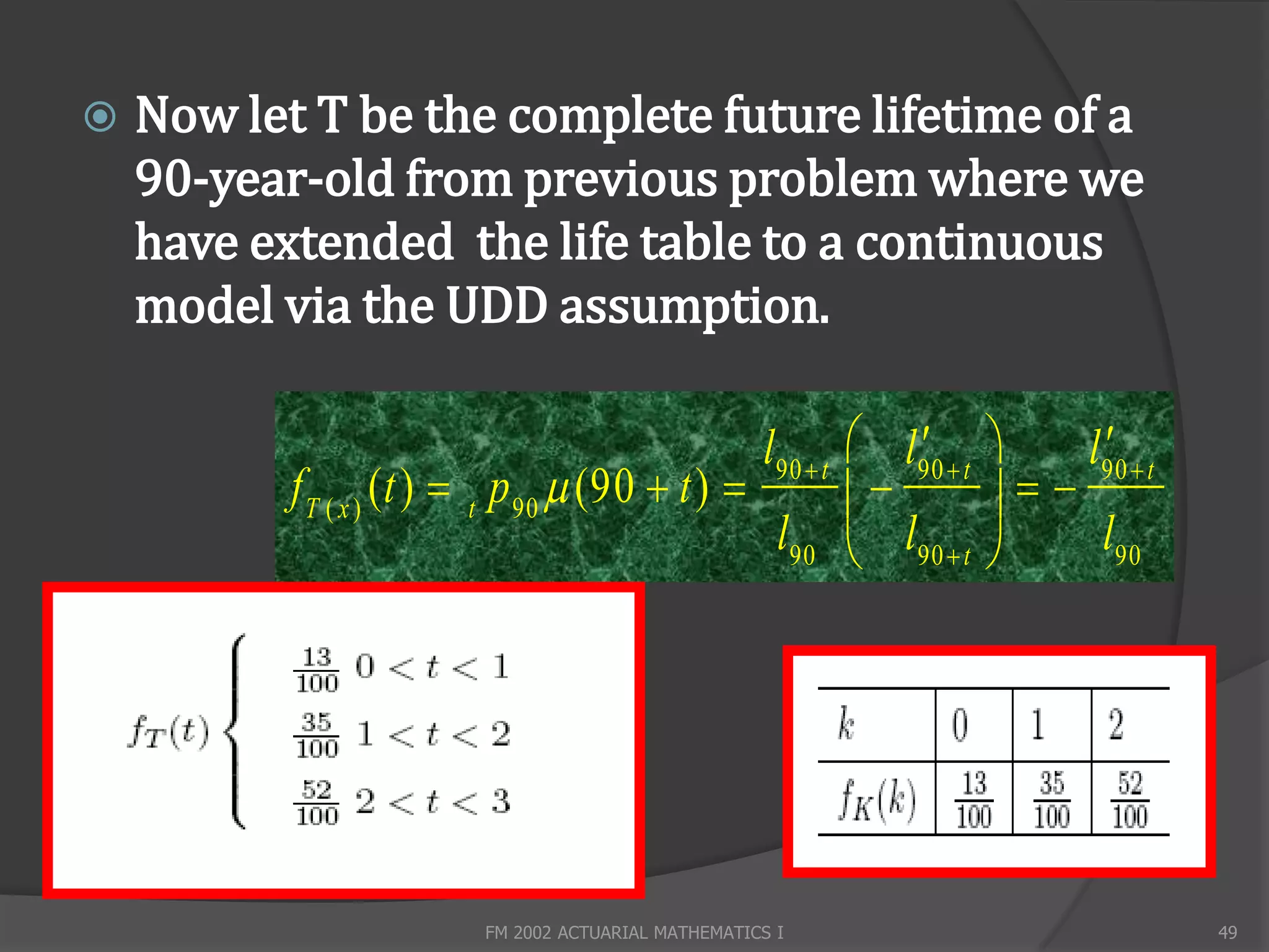   Now let T be the complete future lifetime of a
    90-year-old from previous problem where we
    have extended the life table to a continuous
    model via the UDD assumption.

                                                  l90  t  l90  t
                                                                         
                                                                          l90  t
           f T ( x ) ( t )  t p 90  (90  t )                    
                                                   l90  l90  t          l90




                           FM 2002 ACTUARIAL MATHEMATICS I                          49
 
