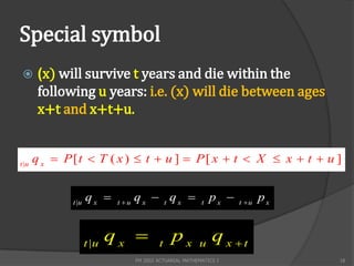 Special symbol
       (x) will survive t years and die within the
        following u years: i.e. (x) will die between ages
        x+t and x+t+u.


t |u
       q x  P [t  T ( x )  t  u ]  P [ x  t  X  x  t  u ]


              t |u
                     qx     t u
                                    qx  t qx              t
                                                                px    t u
                                                                              px


                     t |u
                            qx             t
                                                 px        u
                                                                q x t
                                    FM 2002 ACTUARIAL MATHEMATICS I                18
 