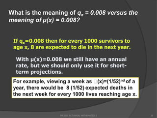 What is the meaning of qx = 0.008 versus the
meaning of µ(x) = 0.008?




                 FM 2002 ACTUARIAL MATHEMATICS I   26
 