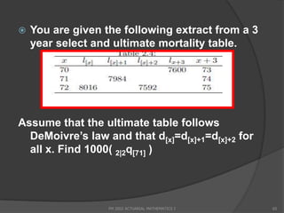    You are given the following extract from a 3
    year select and ultimate mortality table.




Assume that the ultimate table follows
  DeMoivre’s law and that d[x]=d[x]+1=d[x]+2 for
  all x. Find 1000( 2|2q[71] )




                   FM 2002 ACTUARIAL MATHEMATICS I   65
 