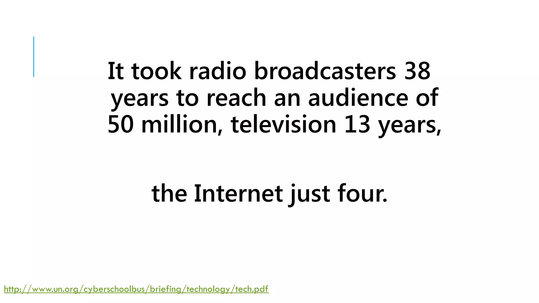 It took radio broadcasters 38
                       years to reach an audience of
                       50 million, television 13 years,

                                 the Internet just four.


http://www.un.org/cyberschoolbus/briefing/technology/tech.pdf
 