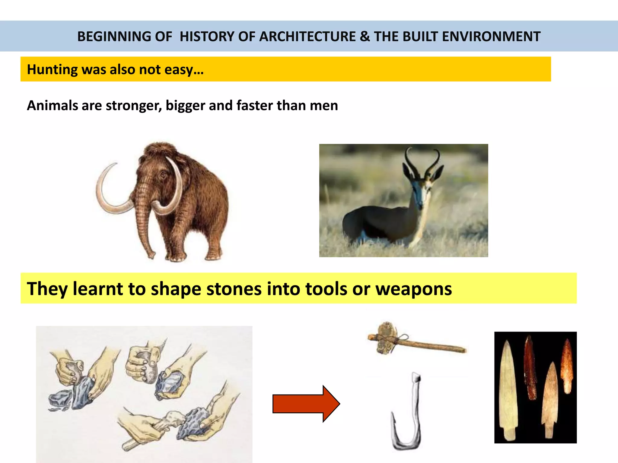 BEGINNING OF HISTORY OF ARCHITECTURE & THE BUILT ENVIRONMENT
Hunting was also not easy…
Animals are stronger, bigger and faster than men
They learnt to shape stones into tools or weapons
 