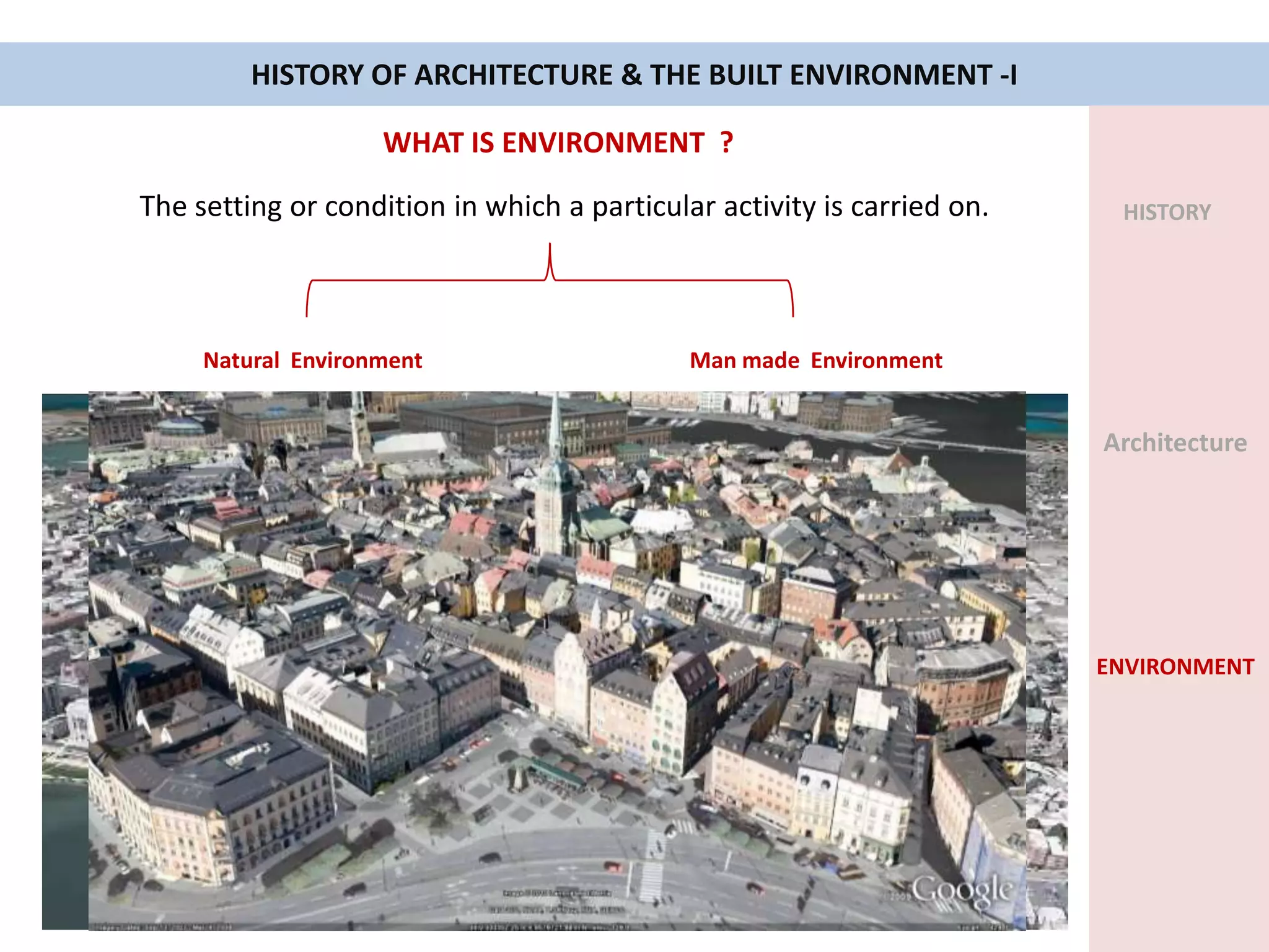 HISTORY OF ARCHITECTURE & THE BUILT ENVIRONMENT -I
WHAT IS ENVIRONMENT ?
HISTORY
Architecture
ENVIRONMENT
The setting or condition in which a particular activity is carried on.
Natural Environment Man made Environment
 