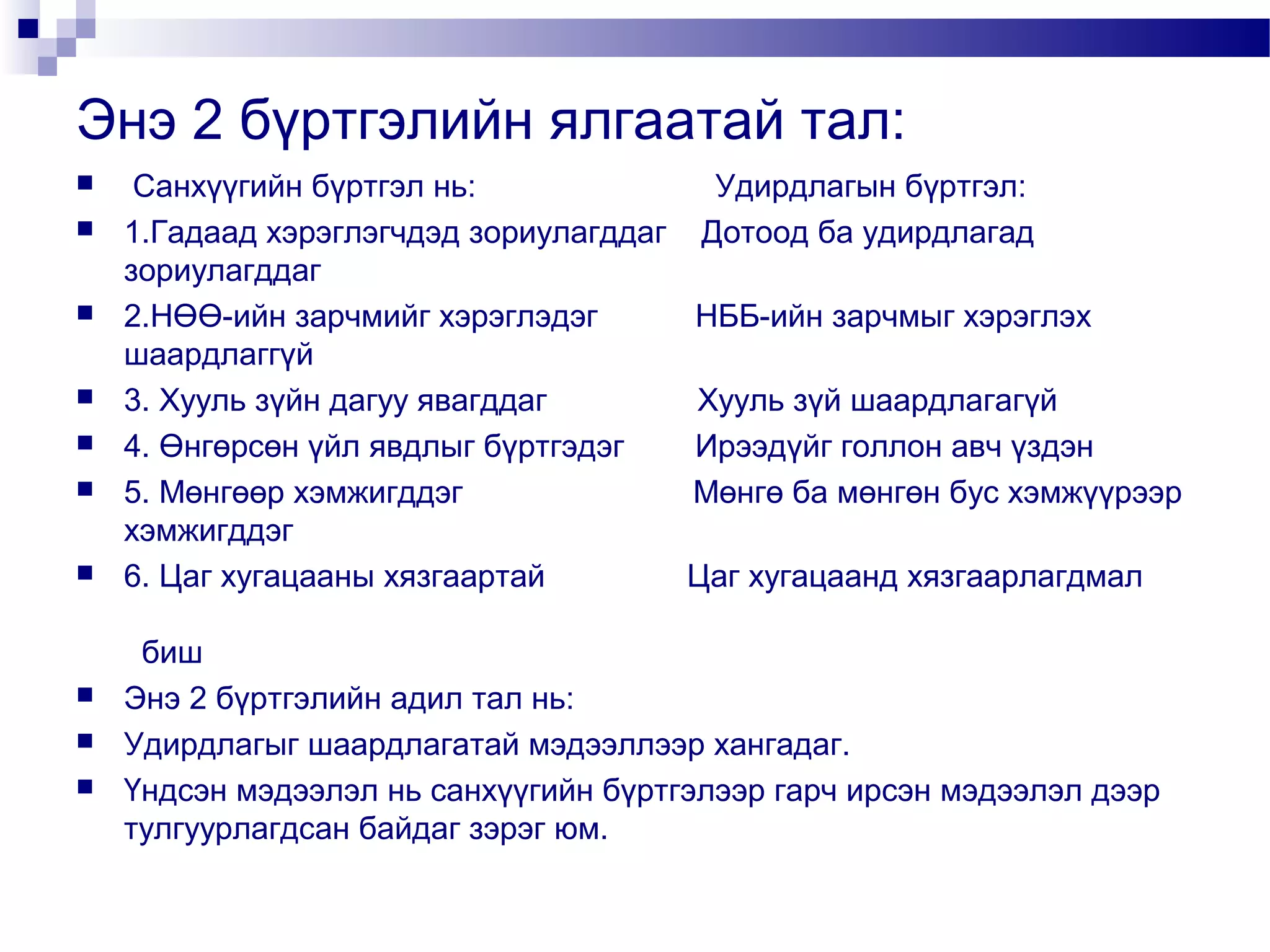 Энэ 2 бүртгэлийн ялгаатай тал:















Санхүүгийн бүртгэл нь:
1.Гадаад хэрэглэгчдэд зориулагддаг
зориулагддаг
2.НӨӨ-ийн зарчмийг хэрэглэдэг
шаардлаггүй
3. Хууль зүйн дагуу явагддаг
4. Өнгөрсөн үйл явдлыг бүртгэдэг
5. Мөнгөөр хэмжигддэг
хэмжигддэг
6. Цаг хугацааны хязгаартай

Удирдлагын бүртгэл:
Дотоод ба удирдлагад
НББ-ийн зарчмыг хэрэглэх
Хууль зүй шаардлагагүй
Ирээдүйг голлон авч үздэн
Мөнгө ба мөнгөн бус хэмжүүрээр
Цаг хугацаанд хязгаарлагдмал

биш
Энэ 2 бүртгэлийн адил тал нь:
Удирдлагыг шаардлагатай мэдээллээр хангадаг.
Үндсэн мэдээлэл нь санхүүгийн бүртгэлээр гарч ирсэн мэдээлэл дээр
тулгуурлагдсан байдаг зэрэг юм.

 
