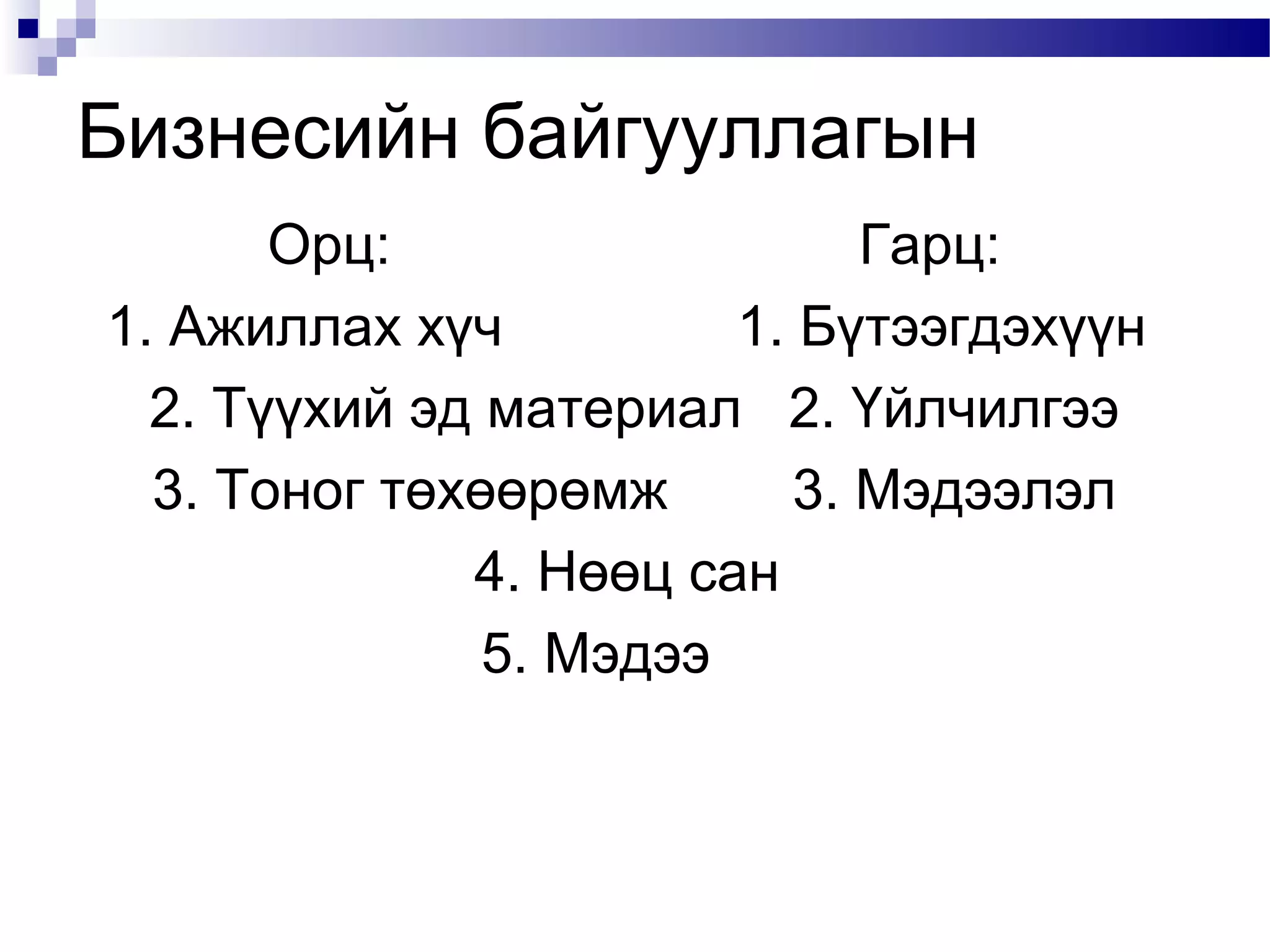 Бизнесийн байгууллагын
Орц:
Гарц:
1. Ажиллах хүч
1. Бүтээгдэхүүн
2. Түүхий эд материал 2. Үйлчилгээ
3. Тоног төхөөрөмж
3. Мэдээлэл
4. Нөөц сан
5. Мэдээ

 