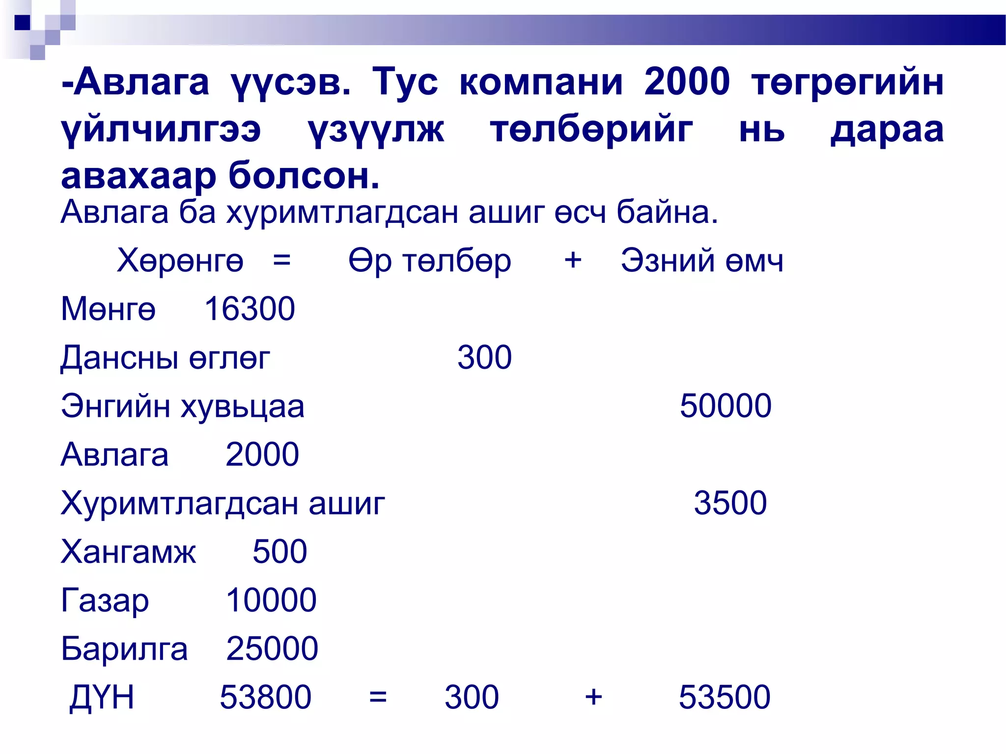 -Авлага үүсэв. Тус компани 2000 төгрөгийн
үйлчилгээ үзүүлж төлбөрийг нь дараа
авахаар болсон.
Авлага ба хуримтлагдсан ашиг өсч байна.
Хөрөнгө =
Өр төлбөр
+ Эзний өмч
Мөнгө 16300
Дансны өглөг
300
Энгийн хувьцаа
50000
Авлага
2000
Хуримтлагдсан ашиг
3500
Хангамж
500
Газар
10000
Барилга 25000
ДҮН
53800
=
300
+
53500

 