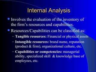 Internal Analysis
 Involves

the evaluation of the inventory of
the firm’s resources and capabilities.
 Resources/Capabilities can be classified as:
– Tangible resources: Financial or physical assets
– Intangible resources: brand name, reputation

(product & firm), organizational culture, etc.
– Capabilities or competencies: managerial
ability, specialized skill & knowledge base of
employees, etc.

 