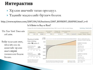 


Хүлээн авагчийг татан оролцуул
Тэднийг мэдээллийг бүтээгч болгох

http://www.nytimes.com/2007/04/10/business/2007_BUYRENT_GRAPHIC.html?_r=0

The New York Times-ийн
вэб сайт.
Байр худалдаж авах,
хөлслөх аль нь
ашигтайг хүлээн
авагч өөрөө
тооцоолон бодож
болно.

 
