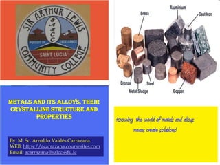 Metals and Its Alloys, their
crystalline structure and
properties

By: M. Sc. Arnaldo Valdés Carrazana.
WEB: https://acarrazana.coursesites.com
Email: acarrazana@salcc.edu.lc

Knowing the world of metals and alloys
means create solutions!

 