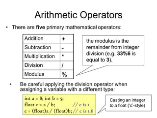 Arithmetic Operators
• Be careful applying the division operator when
assigning a variable with a different type:
• There are five primary mathematical operators:
int a = 8; int b = 5;
float c = a / b; // c is 1
c = (float)a / (float)b; // c is 1.6
Addition +
Subtraction -
Multiplication *
Division /
Modulus %
the modulus is the
remainder from integer
division (e.g. 33%6 is
equal to 3).
Casting an integer
to a float (‘c’-style)
 