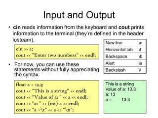 Input and Output
• For now, you can use these
statements without fully appreciating
the syntax.
• cin reads information from the keyboard and cout prints
information to the terminal (they’re defined in the header
iosteam).
cin >> a;
cout << "Enter two numbers" << endl;
float a = 13.3;
cout << "This is a string" << endl;
cout << "Value of a: " << a << endl;
cout << "a: " << (int) a << endl;
cout << "a =t" << a << "n";
This is a string
Value of a: 13.3
a: 13
a = 13.3
New line n
Horizontal tab t
Backspace b
Alert a
Backslash 
 