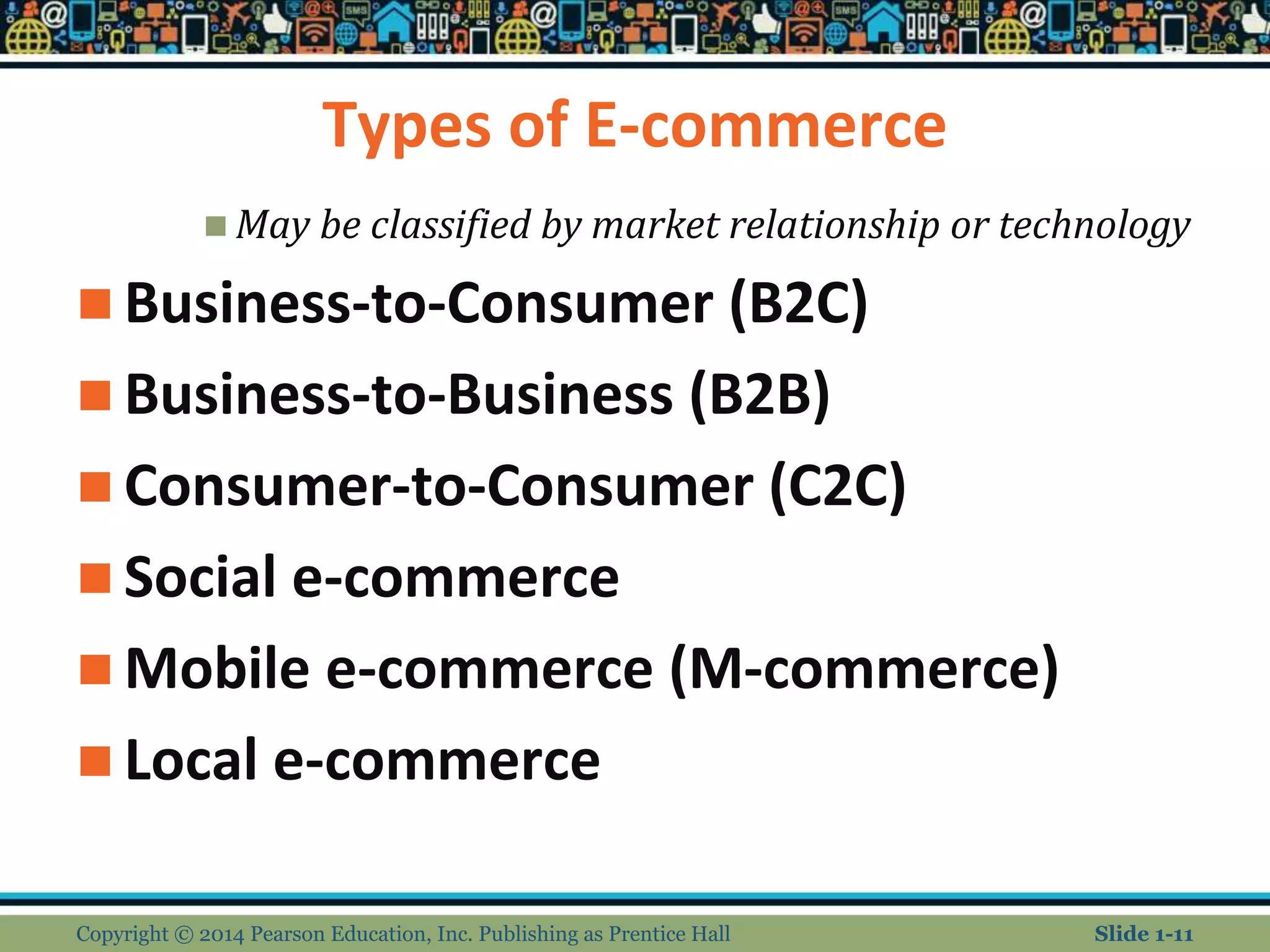 Types of E-commerce
 May be classified by market relationship or technology
 Business-to-Consumer (B2C)
 Business-to-Business (B2B)
 Consumer-to-Consumer (C2C)
 Social e-commerce
 Mobile e-commerce (M-commerce)
 Local e-commerce
Copyright © 2014 Pearson Education, Inc. Publishing as Prentice Hall Slide 1-11
 