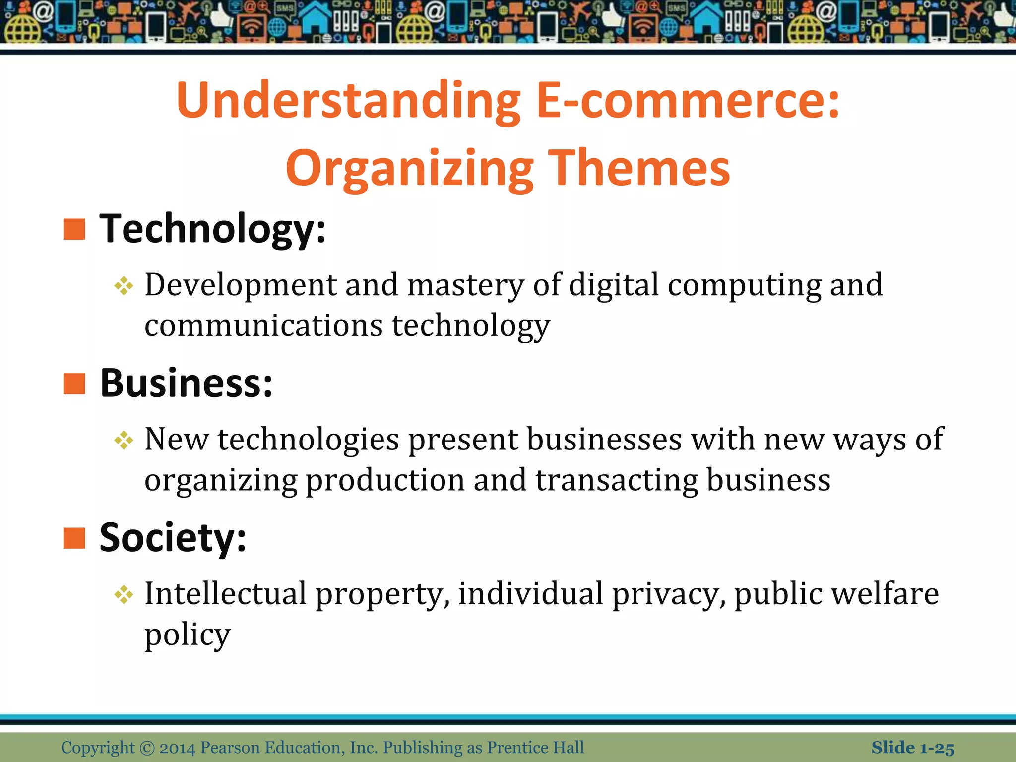 Understanding E-commerce:
Organizing Themes
 Technology:
 Development and mastery of digital computing and
communications technology
 Business:
 New technologies present businesses with new ways of
organizing production and transacting business
 Society:
 Intellectual property, individual privacy, public welfare
policy
Copyright © 2014 Pearson Education, Inc. Publishing as Prentice Hall Slide 1-25
 
