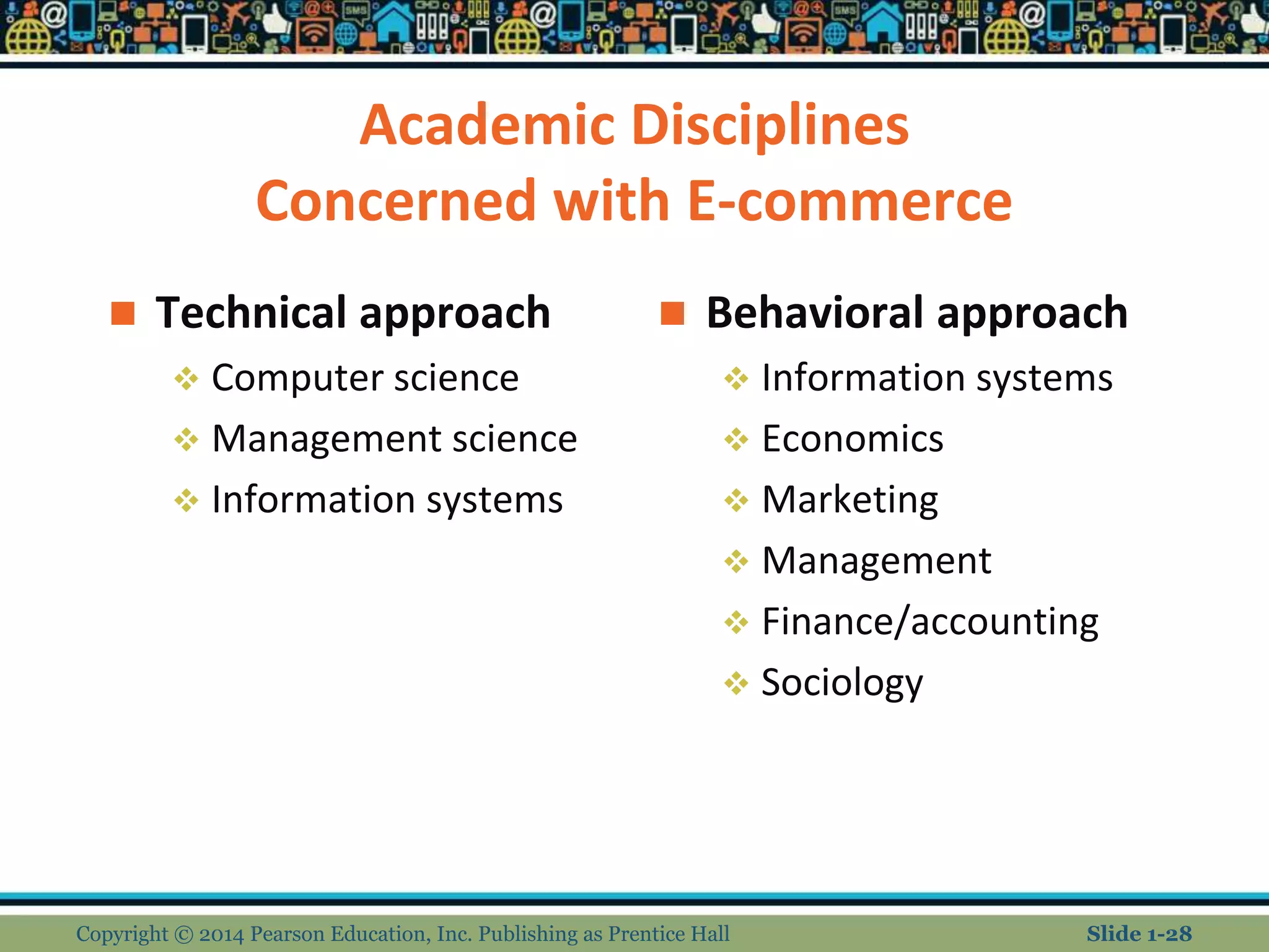 Academic Disciplines
Concerned with E-commerce
 Technical approach
 Computer science
 Management science
 Information systems
 Behavioral approach
 Information systems
 Economics
 Marketing
 Management
 Finance/accounting
 Sociology
Copyright © 2014 Pearson Education, Inc. Publishing as Prentice Hall Slide 1-28
 