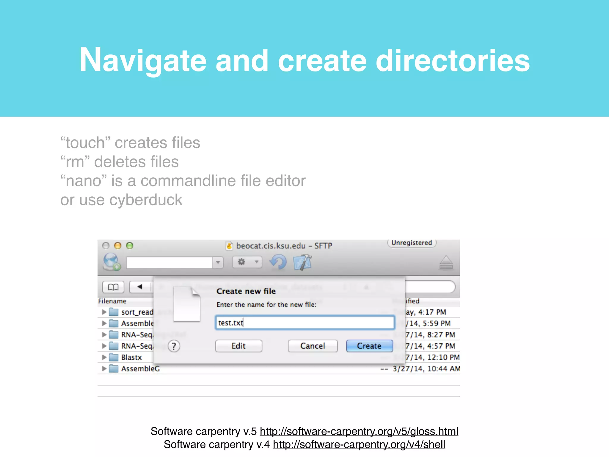 Relative paths
$ ls
/homes/bioinfo
$ ls ../../bin
ls
ln
rm
mkdir…
$ ls ../bioinfo/bioinfo_software
cufflinks@
tophat@
samtools@…
$ ls ~/pipeline_datasets
Galaxy5-brain_2.fastq*
Galaxy4-brain_1.fastq*…
root
/
tmp homes bin
user1 bioinfo user2
“ls” list directory contents!
.. one directory up from the current working directory!
. current working directory!
~ home directory
 