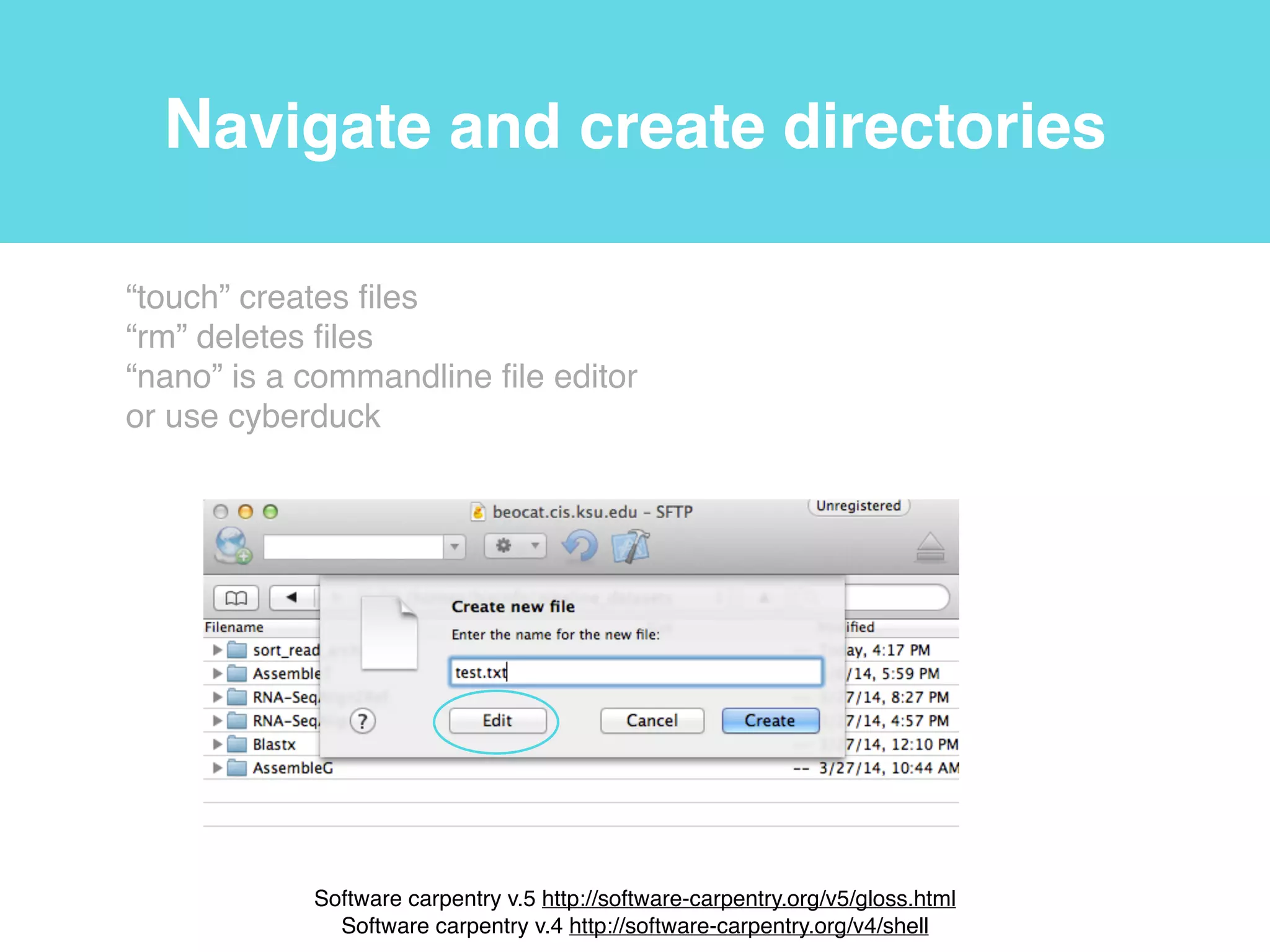 Relative paths
$ ls
/homes/bioinfo
$ ls ../../bin
ls
ln
rm
mkdir…
$ ls ../bioinfo/bioinfo_software
cufflinks@
tophat@
samtools@…
$ ls ~/pipeline_datasets
Galaxy5-brain_2.fastq*
Galaxy4-brain_1.fastq*…
root
/
tmp homes bin
user1 bioinfo user2
“ls” list directory contents!
.. one directory up from the current working directory!
. current working directory!
~ home directory
 
