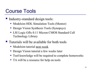 10
Course Tools
 Industry-standard design tools:
• Modelsim HDL Simulation Tools (Mentor)
• Design Vision Synthesis Tools (Synopsys)
• LSI Logic Gflx 0.11 Micron CMOS Standard Cell
Technology Library
 Tutorials will be available for both tools
• Modelsim tutorial next week
• Design Vision tutorial a few weeks later
• Tool knowledge will be required to complete homeworks
• TA will be a resource for help on tools
 
