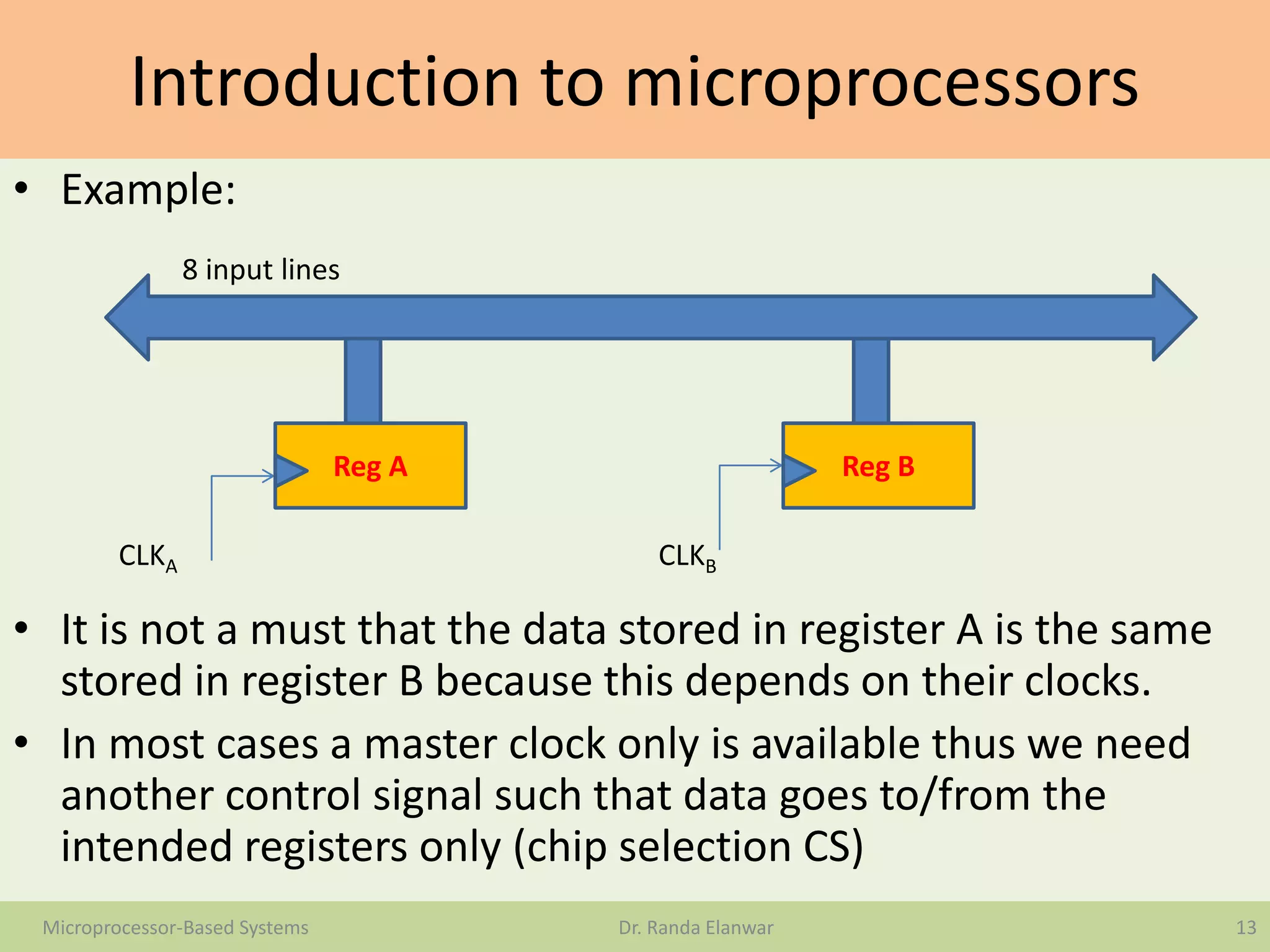 Introduction to microprocessors
• Example:
• It is not a must that the data stored in register A is the same
stored in register B because this depends on their clocks.
• In most cases a master clock only is available thus we need
another control signal such that data goes to/from the
intended registers only (chip selection CS)
13Microprocessor-Based Systems Dr. Randa Elanwar
Reg A Reg B
8 input lines
CLKA CLKB
 