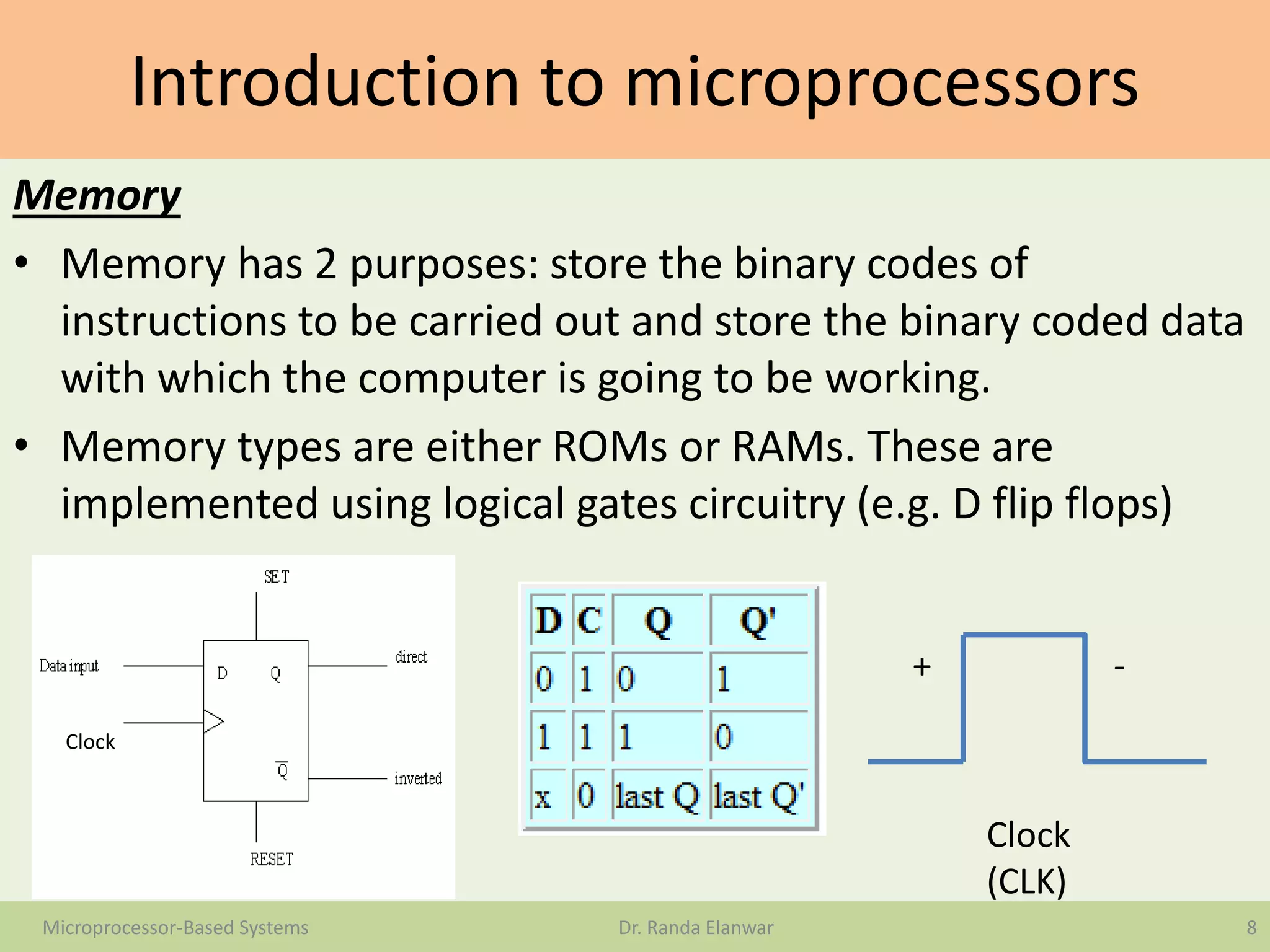 Introduction to microprocessors
Memory
• Memory has 2 purposes: store the binary codes of
instructions to be carried out and store the binary coded data
with which the computer is going to be working.
• Memory types are either ROMs or RAMs. These are
implemented using logical gates circuitry (e.g. D flip flops)
8Microprocessor-Based Systems Dr. Randa Elanwar
Clock
+ -
Clock
(CLK)
 
